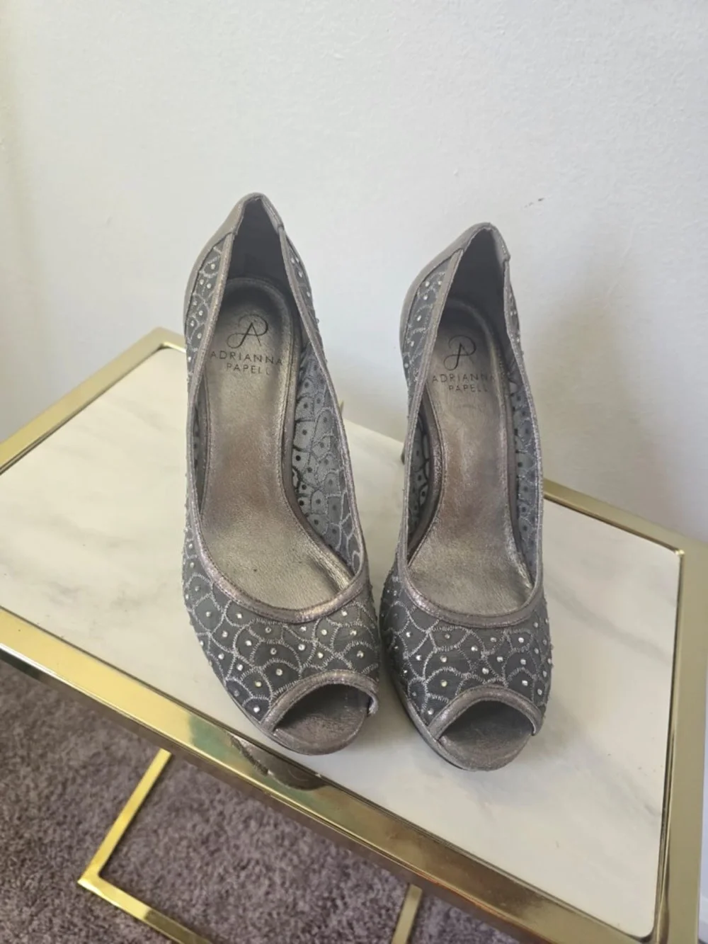 Adrianna Papell Foxy Rhinestones Mesh Gunmetal Peep-Toe Size EU 38. Dress Pumps.